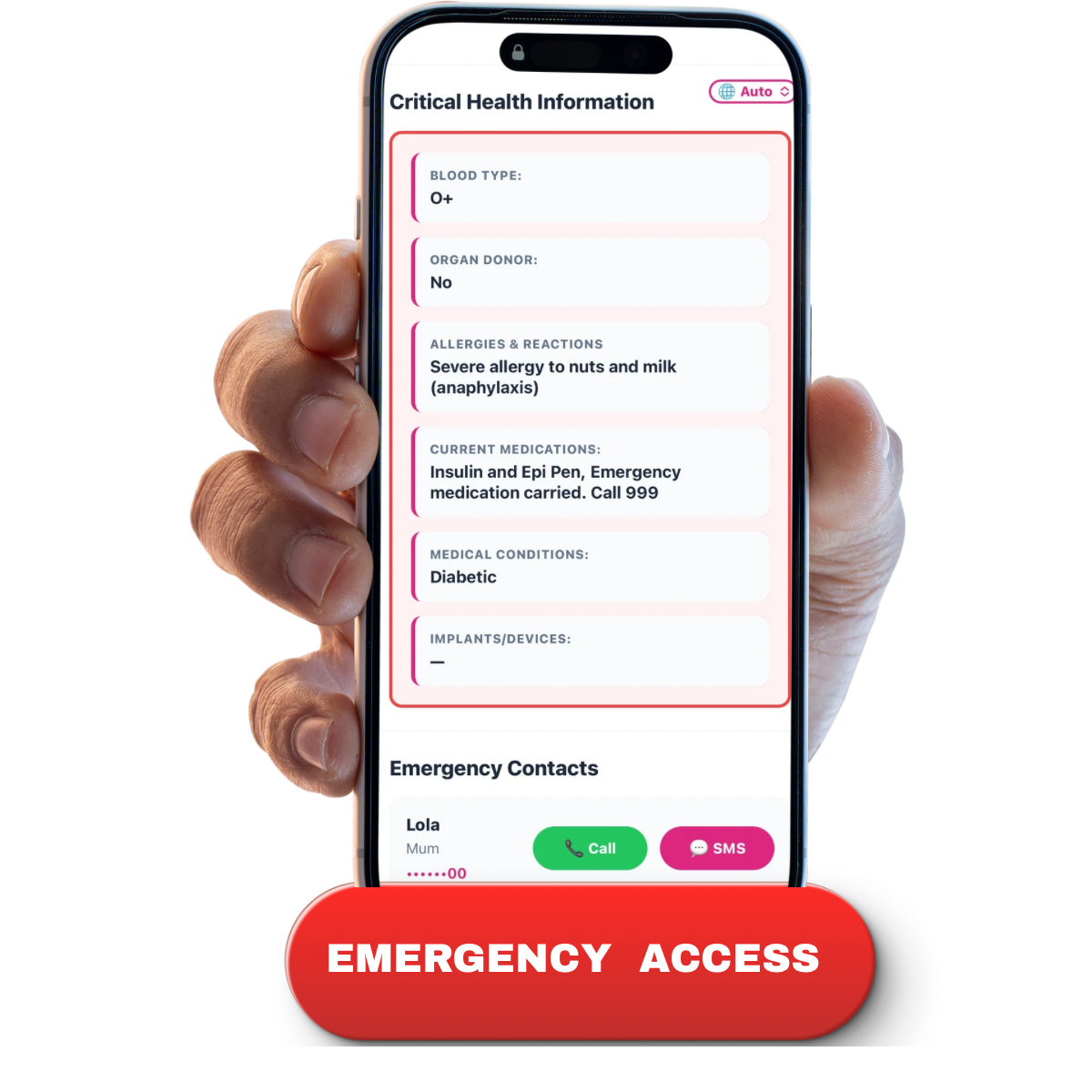 MYQER card and phone showing emergency information access