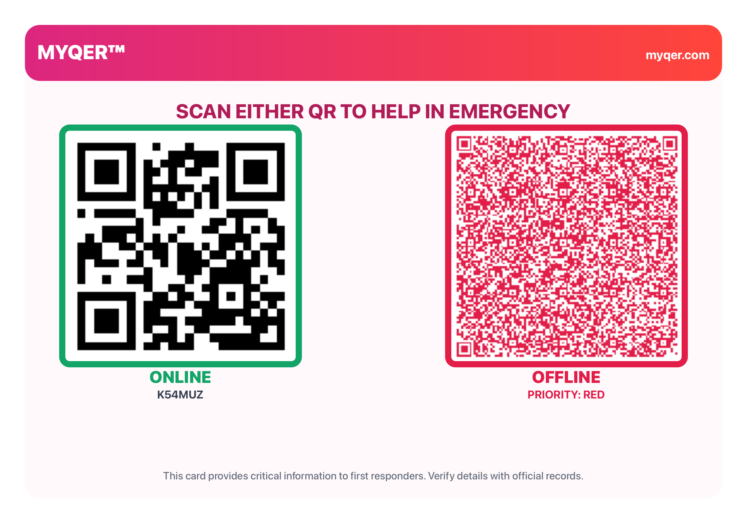 MYQER card showing the online and offline QR codes