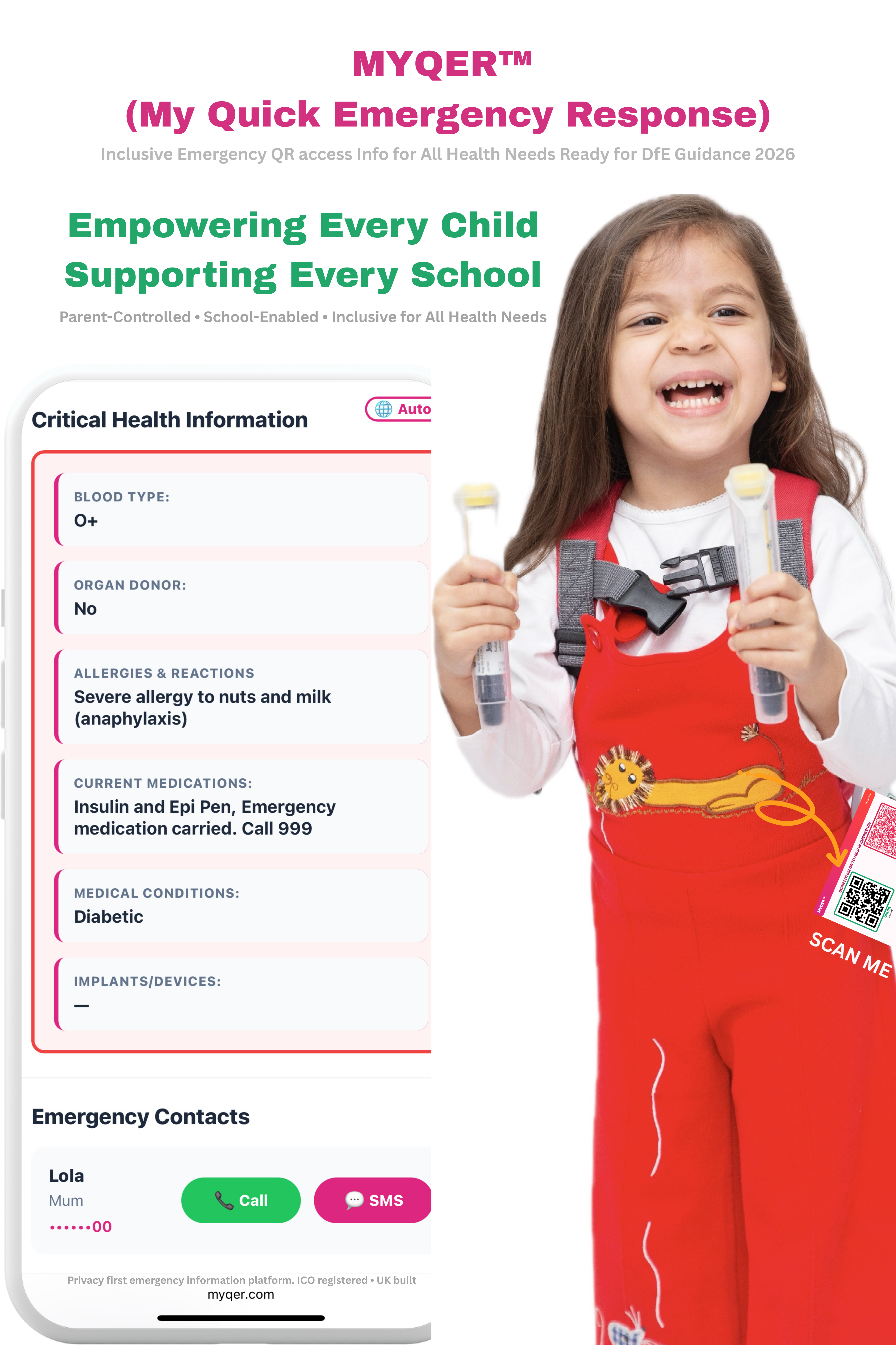 Gia smiling beside a MYQER emergency profile display, representing the first MYQER QR tag user in her school setting.