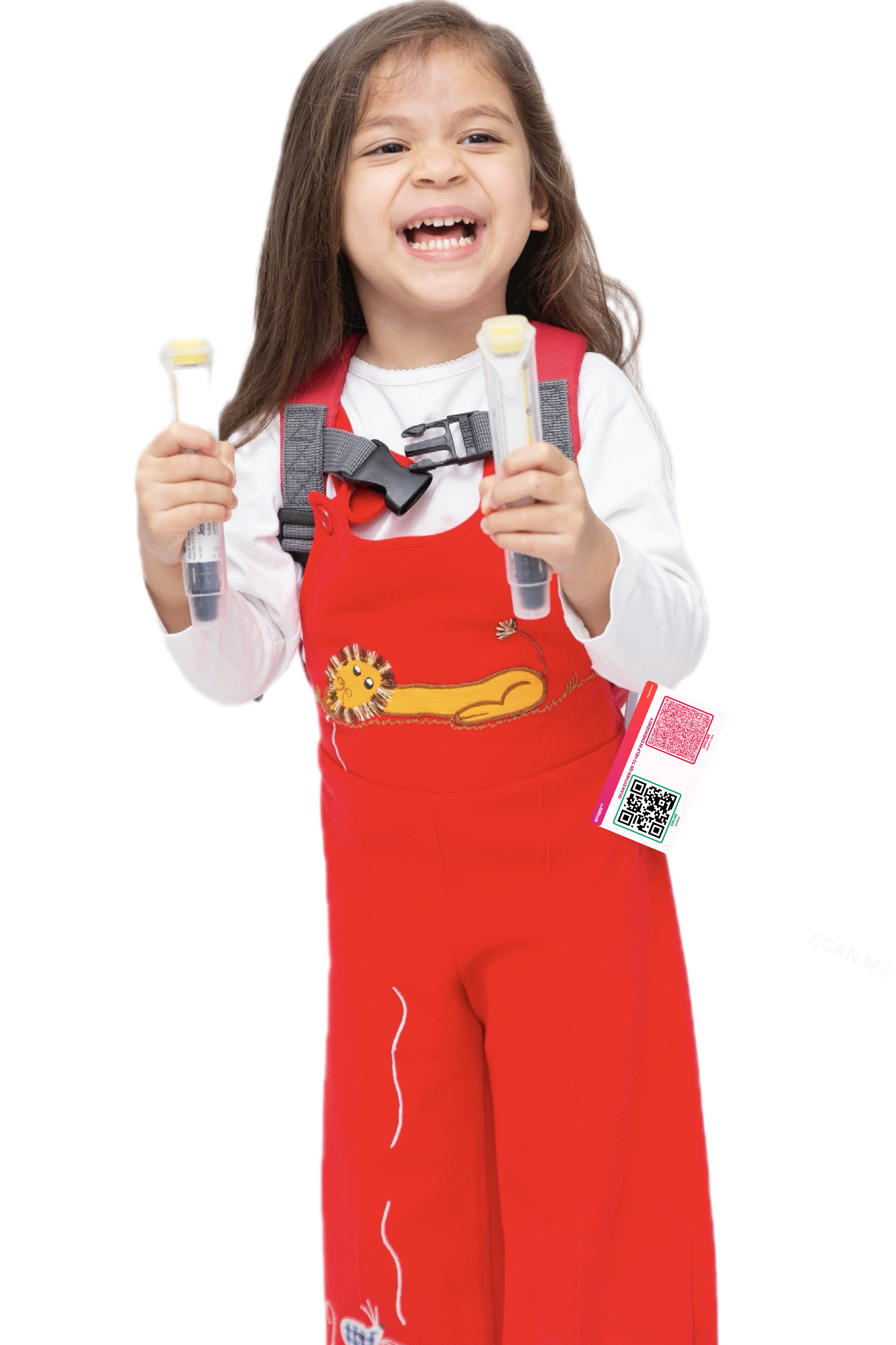 Gia smiling while wearing MYQER emergency information access items