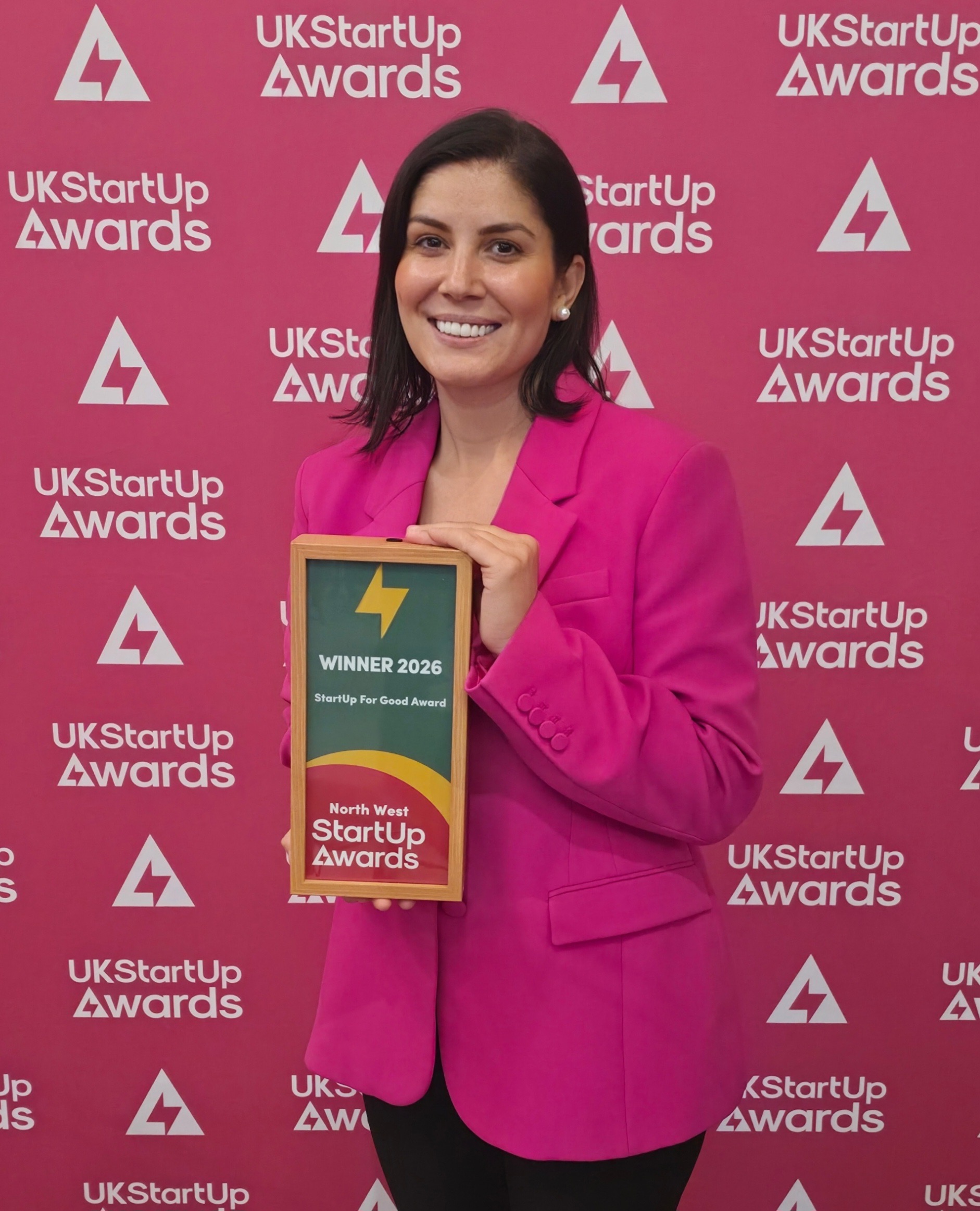 Anita Boros representing MYQER after winning the 2026 North West StartUp For Good Award