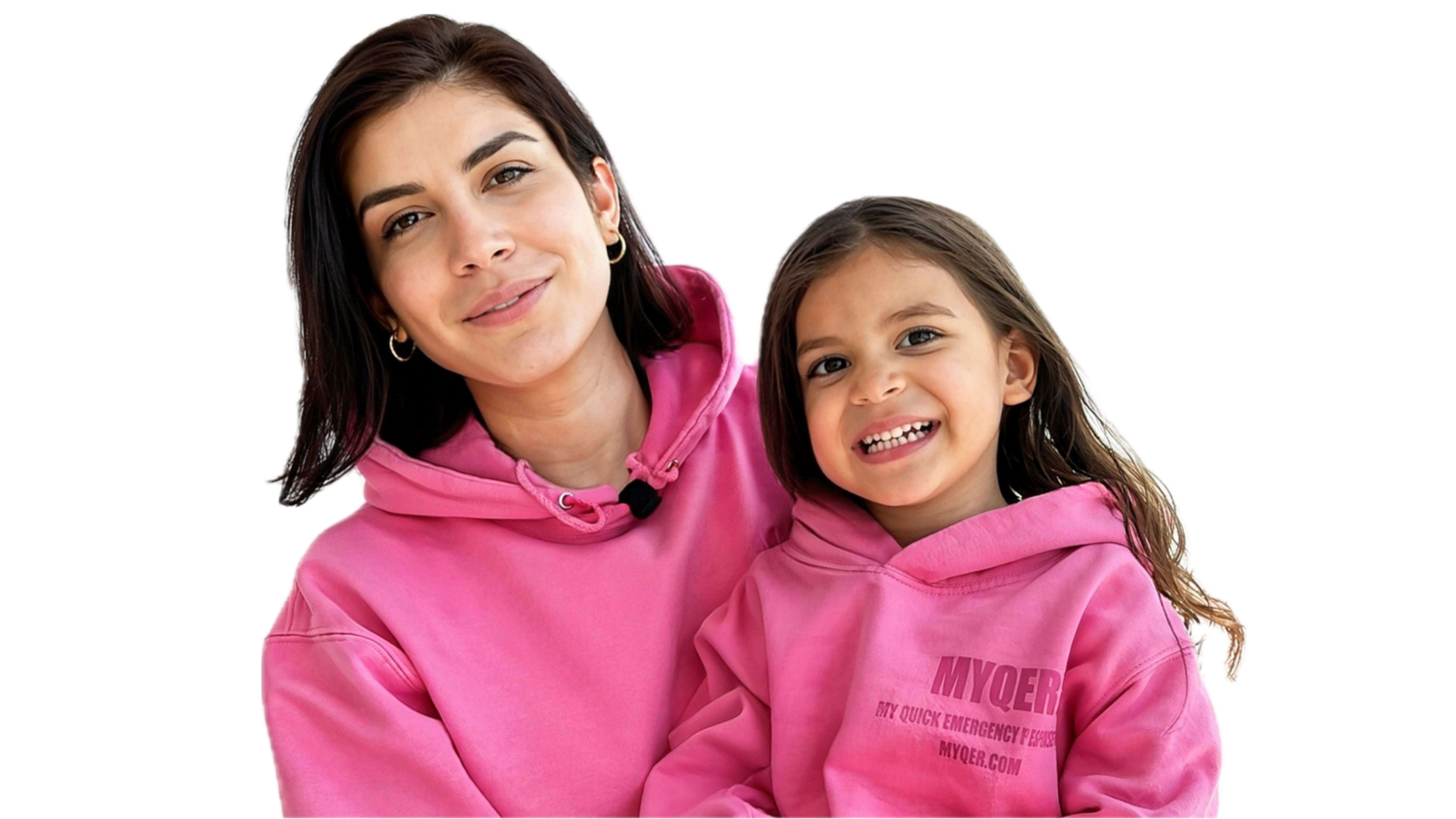MYQER founder with her daughter, both wearing MYQER lanyard cards