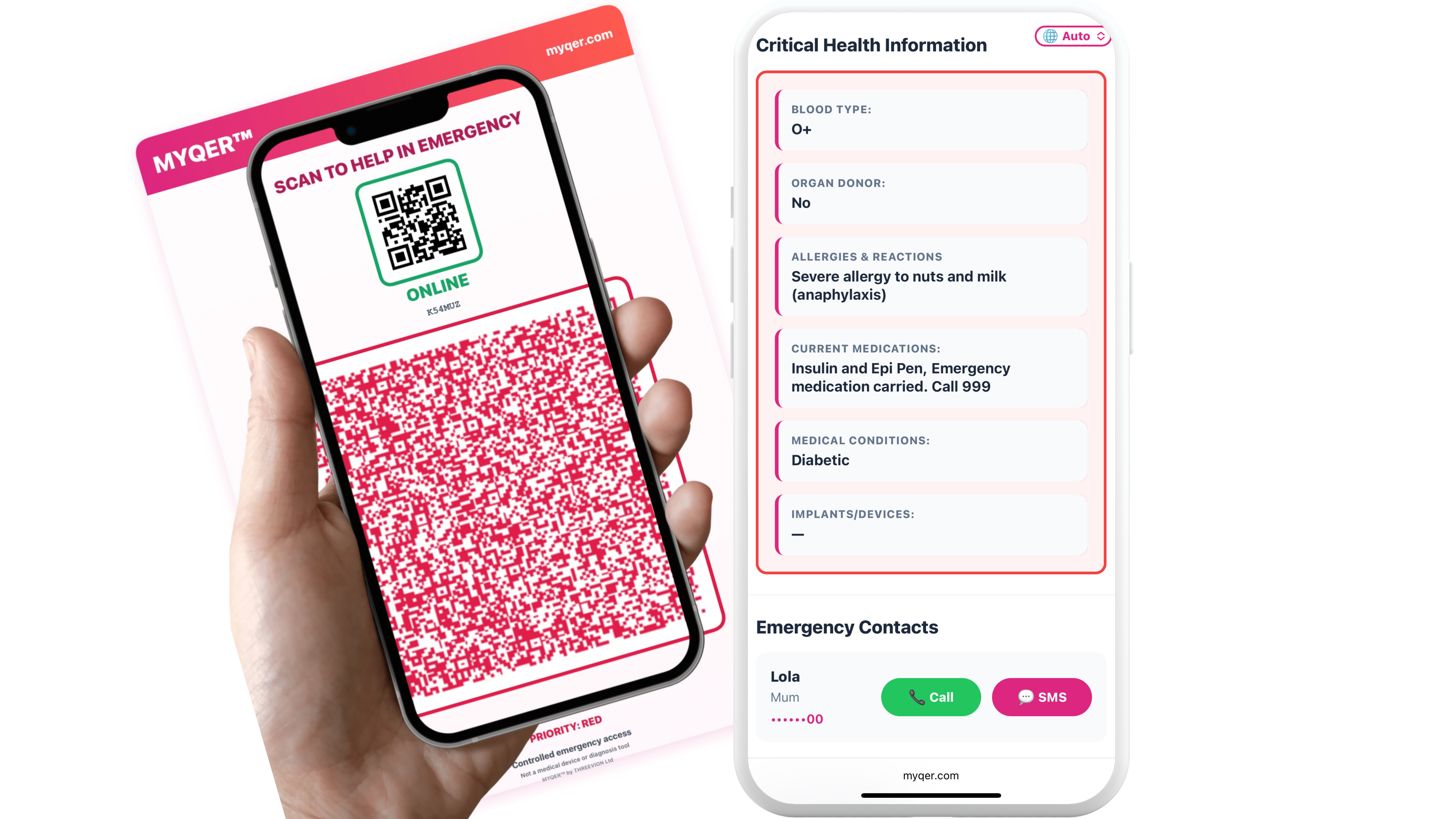 MYQER emergency access information card beside a phone showing critical health information